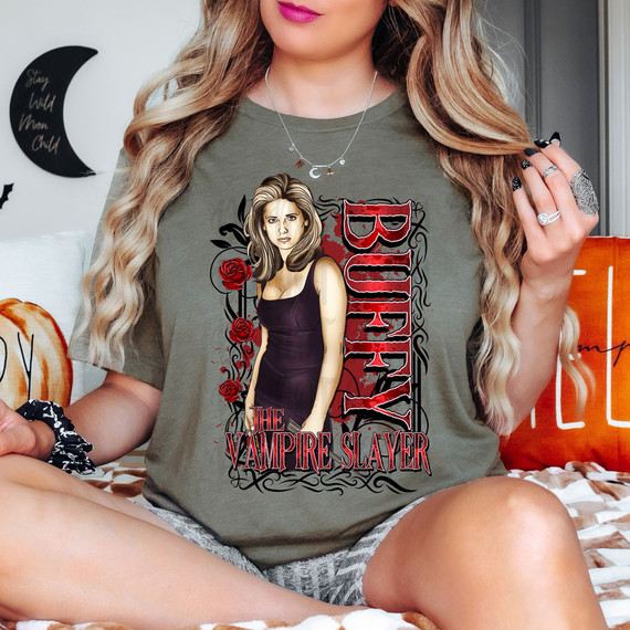 Buffy RED DTF Heat Transfer, a graphic design featuring Buffy, the Vampire Slayer character with roses and gothic elements on a woman's t-shirt.