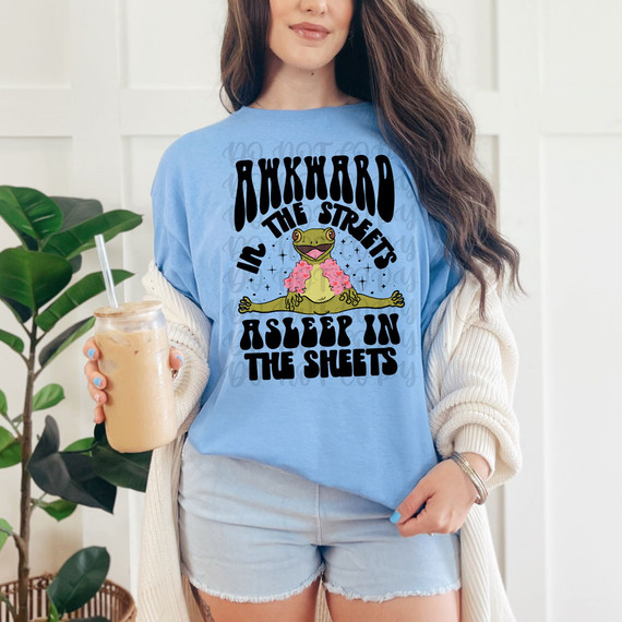 Awkward In The Streets Asleep In The Sheets DTF Heat Transfer T-shirt, woman wearing a light blue T-shirt with a cartoon frog and humorous text design.