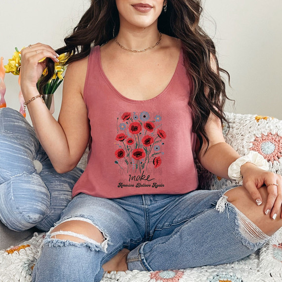 Make America Believe Again Floral DTF Heat Transfer, floral design with red poppies and blue flowers on a pink tank top
