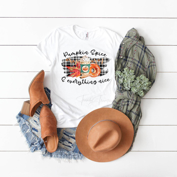 Pumpkin Spice and Everything Nice Sublimation Transfer, T-shirt with autumn-themed artwork featuring a pumpkin spice latte, a donut, cinnamon sticks, autumn leaves, and the quote 'Pumpkin Spice and Everything Nice'.