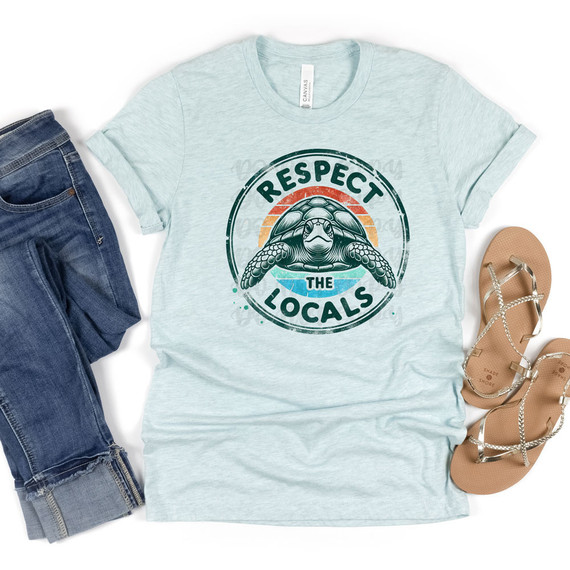 Respect The Locals Box Turtle DTF Heat Transfer, graphic t-shirt with a box turtle and colorful circular design.