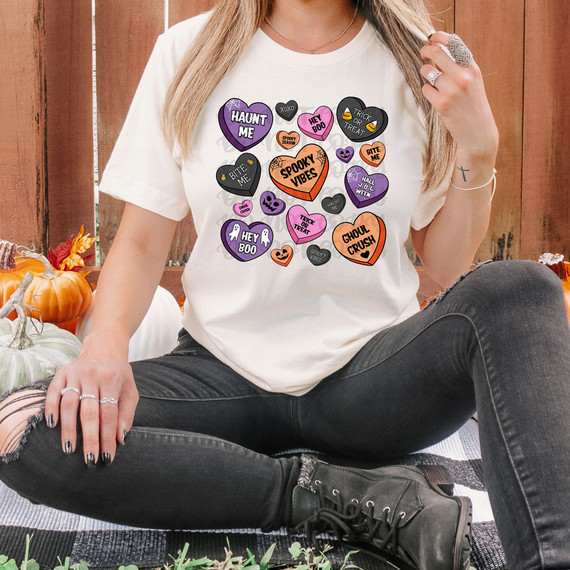 Spooky Hearts DTF Heat Transfer, Halloween themed heat transfer design with various colorful spooky heart shapes with fun Halloween phrases and graphics.