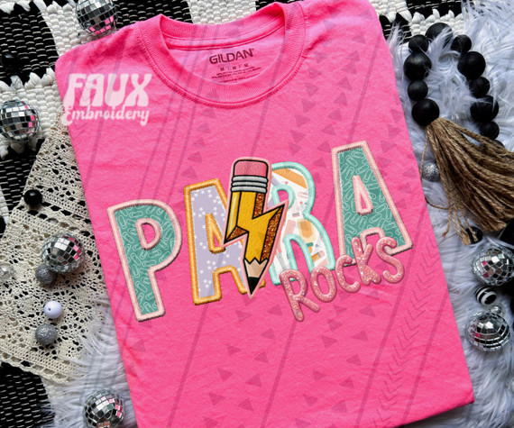 Para Rocks Faux Embroidery DTF Heat Transfer, a pink T-shirt with colorful and textured lettering and rocket pencil design for kids' clothing.