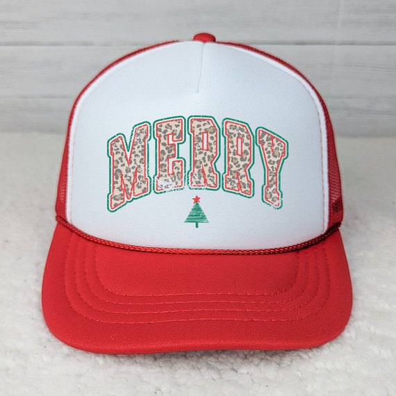 Merry Leopard Hat/Pocket Screen Print Heat Transfer, festive Christmas-themed trucker cap with a holiday design on the front panel.