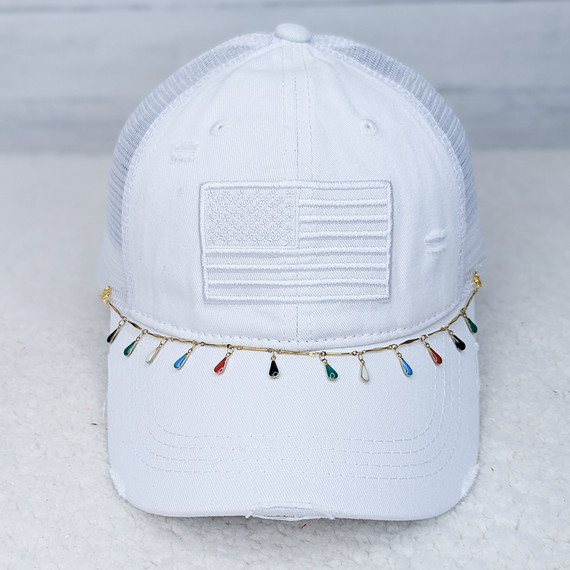 Product Colorful Teardrop Charms Hat Chain, white baseball cap with embroidered American flag patch and colorful teardrop charms hanging around the brim.
