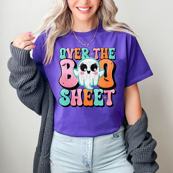 Over The Boo Sheet Faux Embroidery Ghost DTF Heat Transfer, colorful Halloween ghost design on purple T-shirt.