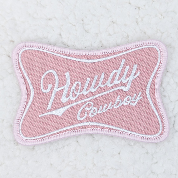 Howdy Cowboy Embroidered HAT/POCKET Patch, pink fabric patch with white embroidered text and border for hats or pockets.