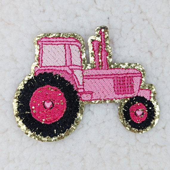 Pink Tractor Embroidered Glitter HAT/POCKET Patch, glittery pink and black embroidered tractor patch with gold border.
