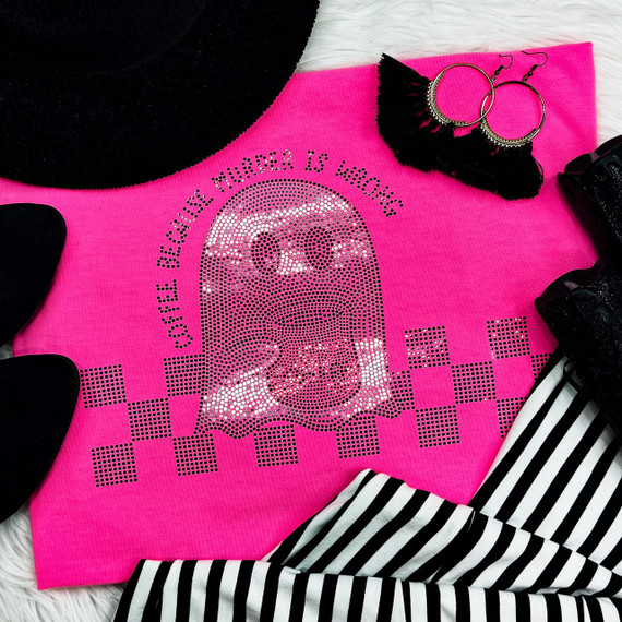 Spangled Coffee Because Murder Is Wrong Heat Transfer T-Shirt, hot pink shirt featuring a glittery skull graphic and the phrase "Love, Peace & Coffee" curved above the skull.