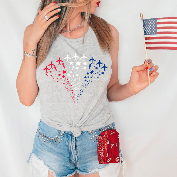 Patriotic Airplanes DTF Heat Transfer, design featuring red, white, and blue airplanes and stars for patriotic-themed clothing.