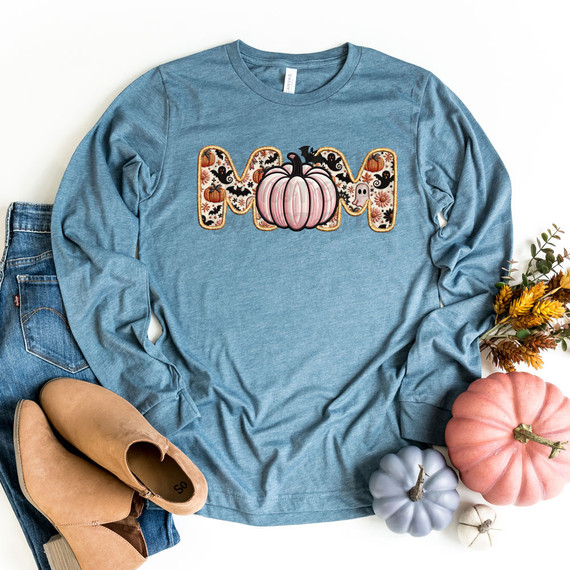 Mom Fall Faux Embroidery DTF Heat Transfer, online apparel product with autumn-themed embroidery featuring pumpkins, black cats, bats, and Halloween elements on a blue long sleeve shirt.