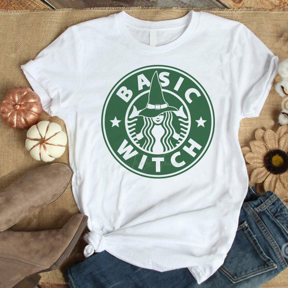 Basic witch Starbucks coffee parody sublimation transfer, Halloween-themed graphic on a white T-shirt featuring a witch hat-wearing woman in the Starbucks logo style.