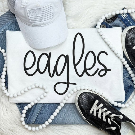 Eagles Black PUFF Screen Print Heat Transfer, black eagle logo design on a white fabric, promotional clothing item.