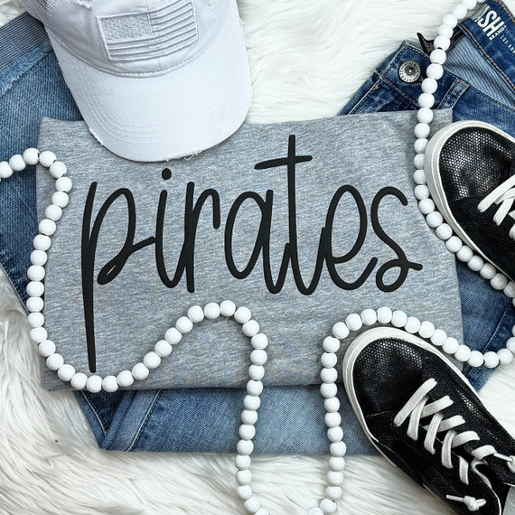 Pirates Black PUFF Screen Print Heat Transfer, black puff design on gray t-shirt with casual accessories.