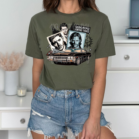 Saving People Hunting Things DTF Heat Transfer, graphic T-shirt featuring characters and elements from supernatural themes with a car and photo frames.