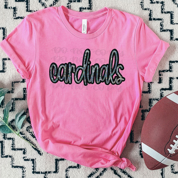 Cardinals Faux Sequin Patch DTF Heat Transfer, pink t-shirt with 'cardinals' text featuring colorful sequined patches.