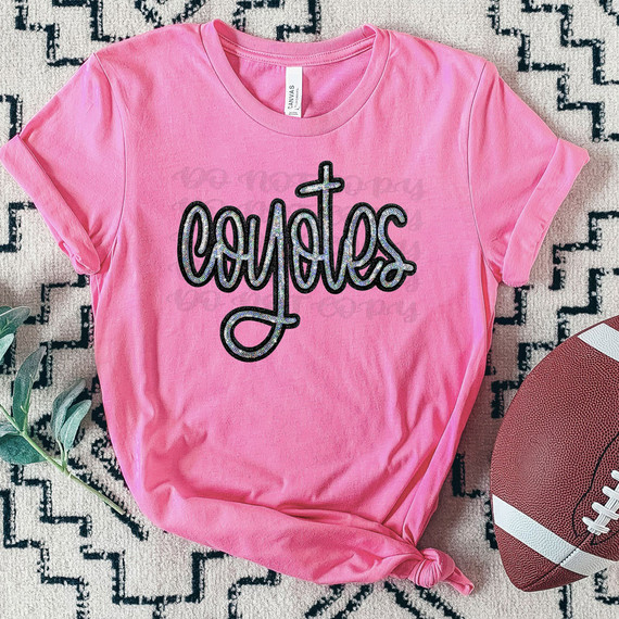 Coyotes Faux Sequin Patch DTF Heat Transfer, pink T-shirt with glittery black and silver sequin patch design.
