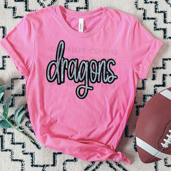 Dragons Faux Sequin Patch DTF Heat Transfer, pink T-shirt with a black and multicolored sequin dragon logo design.