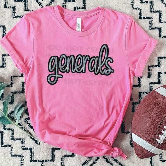Generals Faux Sequin Patch DTF Heat Transfer, pink t-shirt with 'generals' text featuring faux sequin patch design, placed on a patterned rug with a football and decorative plant nearby.