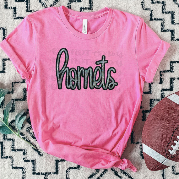 Hornets Faux Sequin Patch DTF Heat Transfer, pink T-shirt with black and silver sequin Hornets logo patch.