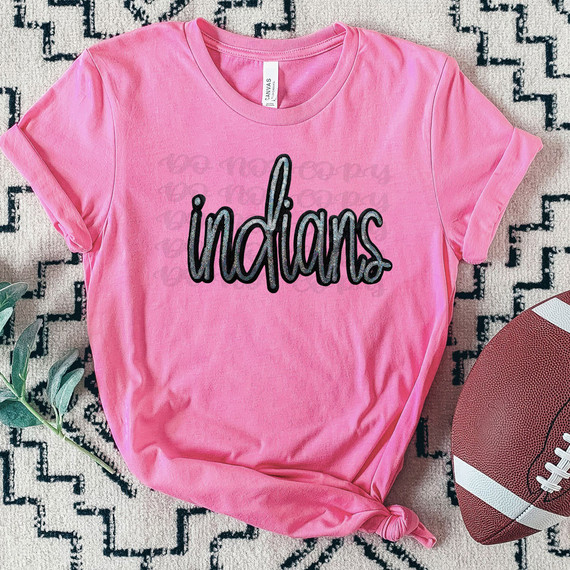 Indians Faux Sequin Patch DTF Heat Transfer, pink T-shirt with black and white sequined 'indians' text design.