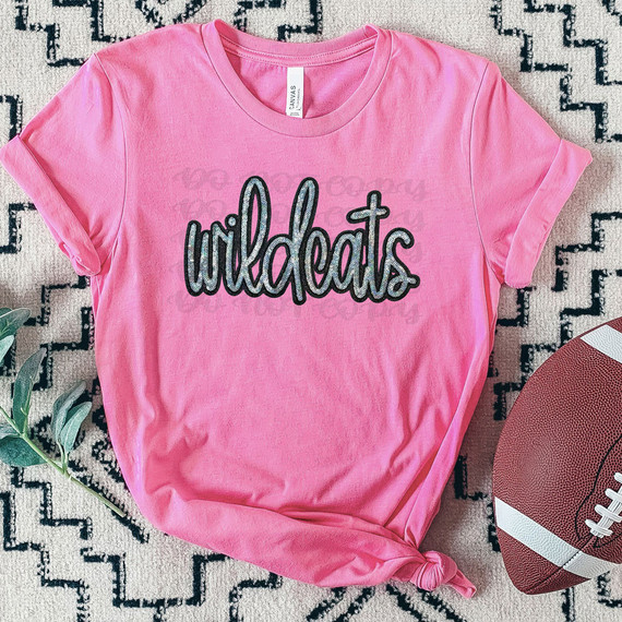 Wildcats Faux Sequin Patch DTF Heat Transfer, pink T-shirt with 'wildcats' text in faux sequin patch design.