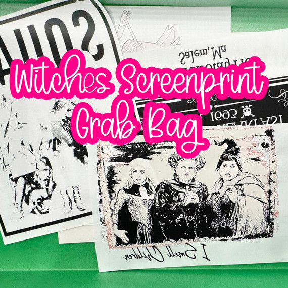 5 COUNT WITCHES SCREENPRINT GRAB BAG, assortment of witch-themed screenprint designs on paper for crafting or decorating.