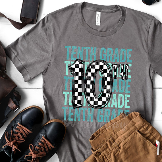 Tenth Grade Checker DTF Heat Transfer t-shirt with a large checkered number 10 design on a gray t-shirt, surrounded by casual shoes and accessories.