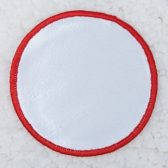 Red Embroidered BLANK Sublimation HAT/POCKET Patch, circular patch with red embroidered border and plain white fabric center.