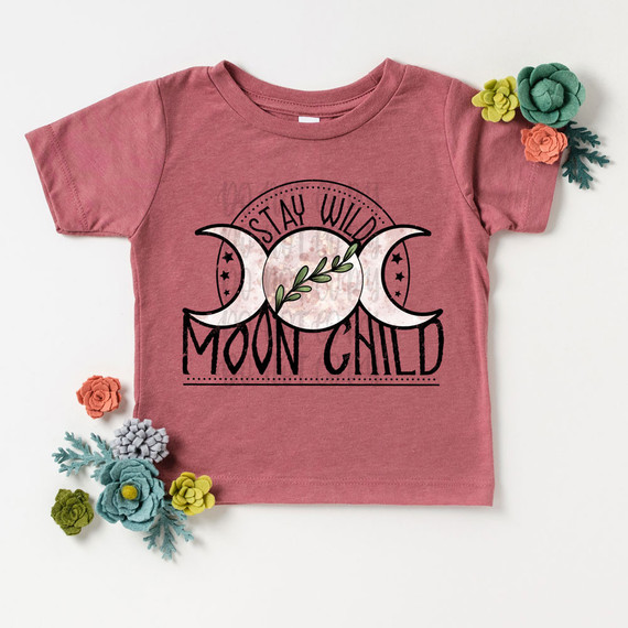 Stay Wild Moon Child DTF Heat Transfer, pink children's T-shirt with moon phases and decorative leaf design.