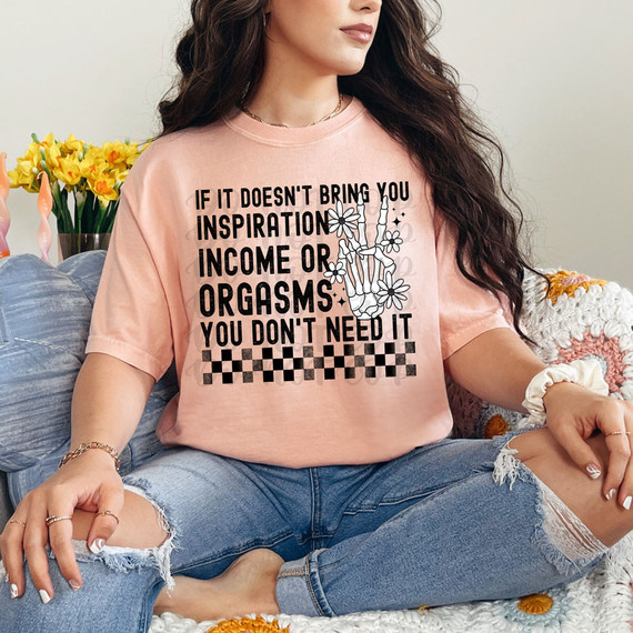 Product: DTF Heat Transfer, a pink T-shirt with bold black text and graphic design.