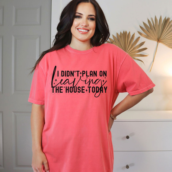 I Didn't Plan On Leaving The House Today DTF Heat Transfer, a woman wearing a pink T-shirt with the black printed text 'I Didn't Plan On Leaving The House Today' in a modern indoor setting with decorative dried palm leaves behind her.