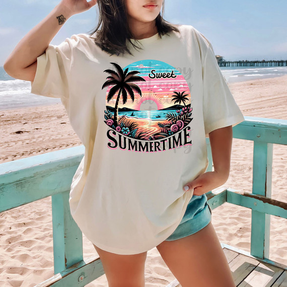 Sweet Summertime Beach DTF Heat Transfer, vibrant beach sunset with palm trees and ocean scene on a white T-shirt.