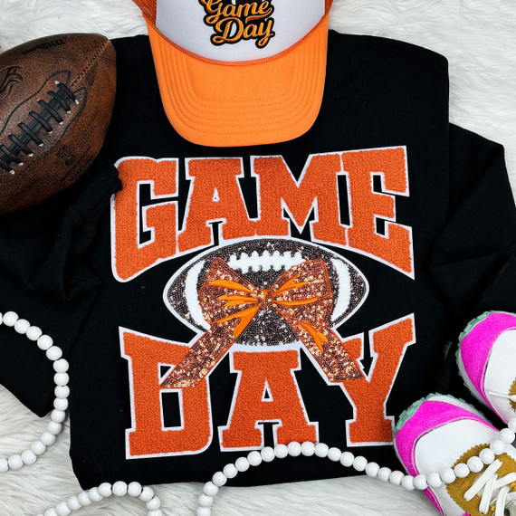 Orange Chenille Football Game Day with Sequin Bow Patch, football-themed apparel with orange and sequin bow detailing.