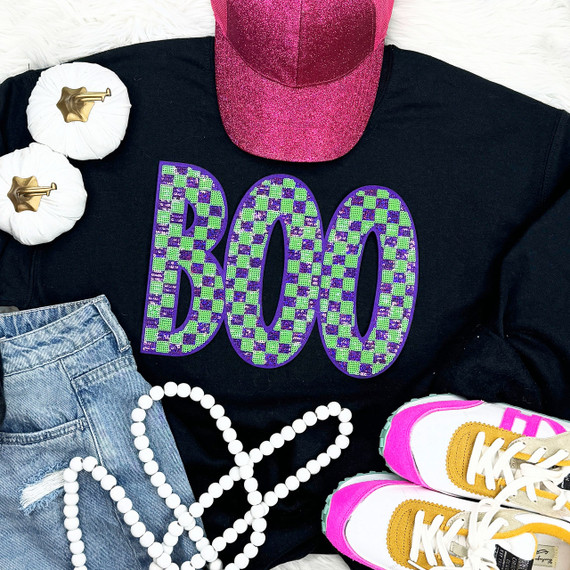 Purple and Green BOO Sequin Patch, a colorful patch with the word 'BOO' in purple and green sequins on a black shirt.