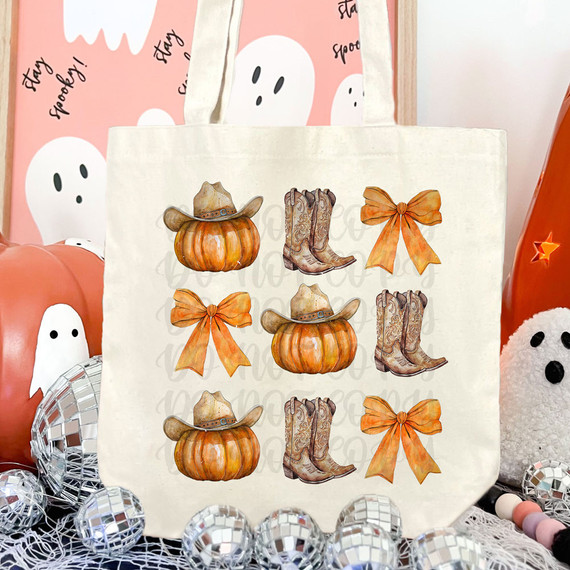 Western Coquette Pumpkins DTF Heat Transfer, decorative tote bag featuring pumpkins with cowboy hats, cowboy boots, and orange bows design.