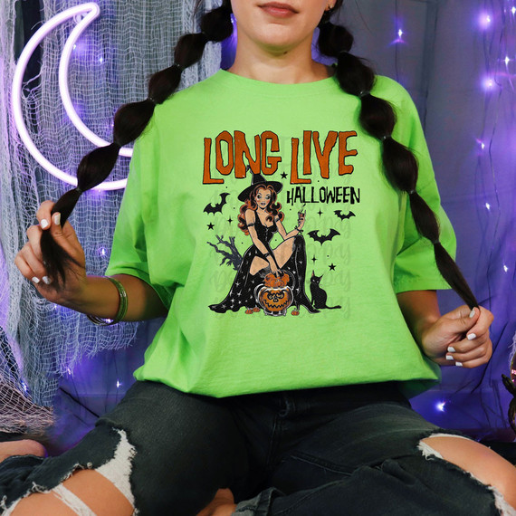 Long Live Halloween DTF Heat Transfer, vibrant neon green T-shirt with Halloween witch and pumpkin graphic design.