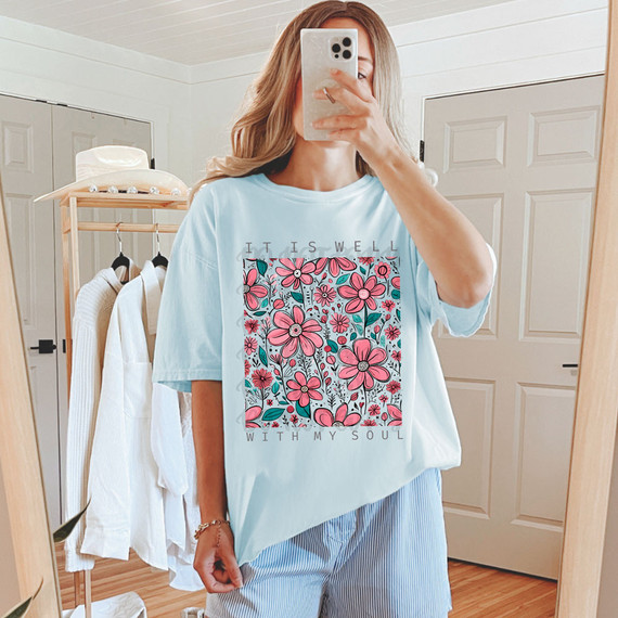 It Is Well With My Soul Floral DTF Heat Transfer, pink and red floral design on a light blue t-shirt.