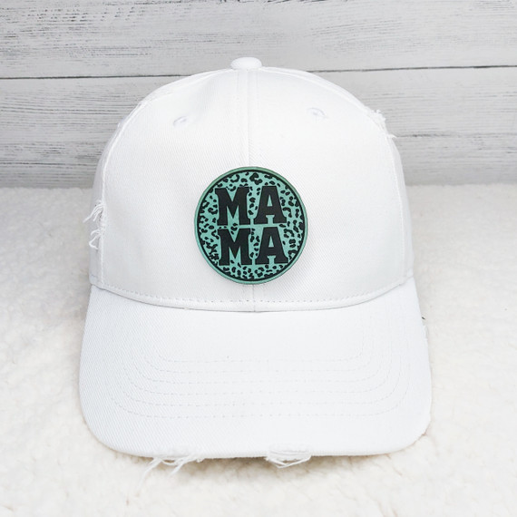 Leopard Mama FAUX Leather Patch, White baseball cap featuring a round logo patch with a teal leopard print background and bold black text.