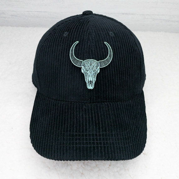 Tribal Bull Skull FAUX Leather Patch, black corduroy baseball cap with an embroidered bull skull patch on the front.
