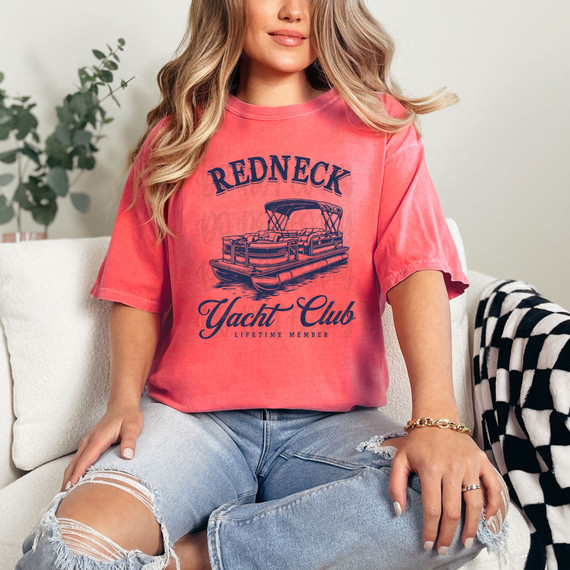 Redneck Yacht Club Lifetime Member DTF Heat Transfer, woman wearing a pink t-shirt with a boat graphic and text print.