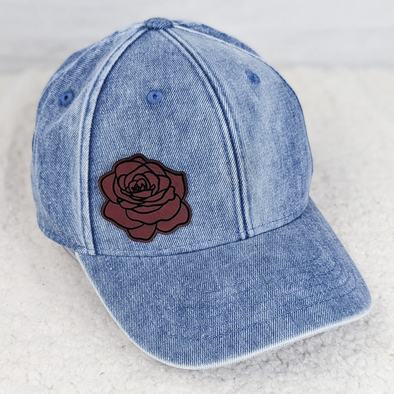 Rose FAUX Leather Patch, denim baseball cap with a rose patch embellishment.