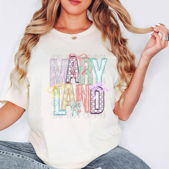 Maryland Coquette Faux Embroidery DTF Heat Transfer, colorful embroidered text design for clothing decoration.