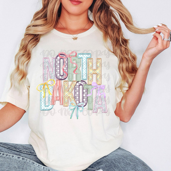 North Dakota Coquette Faux Embroidery DTF Heat Transfer, colorful embroidered style design on a white t-shirt