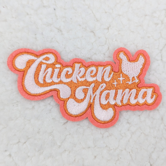 Chicken Mama Embroidered Glitter HAT/POCKET Patch, embroidered patch with glitter details and chicken graphic design.