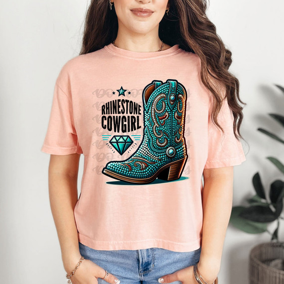 Rhinestone Cowgirl DTF Heat Transfer, decorative blue cowboy boot with rhinestone design and the text 'Rhinestone Cowgirl' along with a diamond graphic.