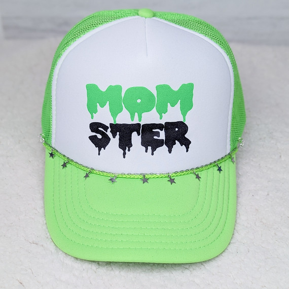 Silver Stars Hat Chain, green and white trucker hat with 'Mom Estr' graphic design and star-shaped chain embellishment.