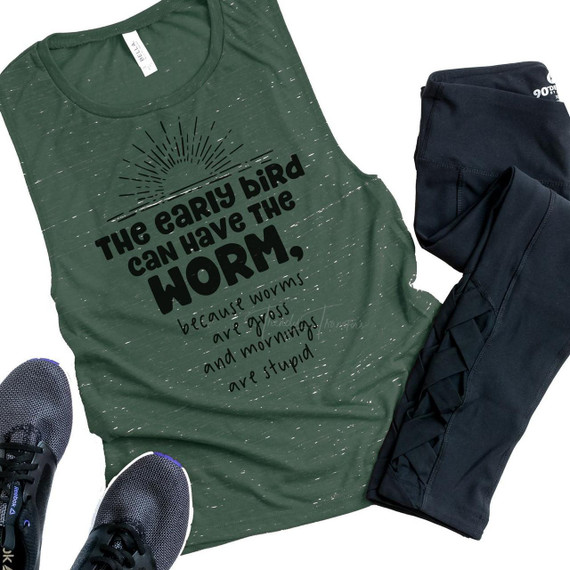 Early Bird Can Have The Worm Sublimation Transfer, green sleeveless shirt with a motivational quote and sunrise graphic.