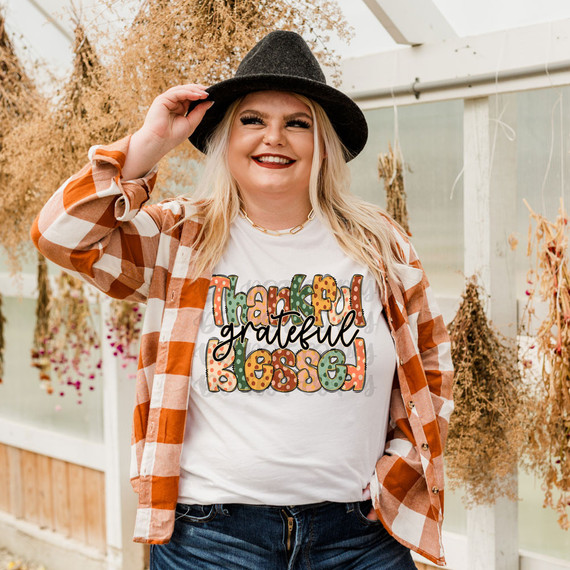 Thankful Grateful Blessed Polka Dots DTF Heat Transfer, colorful and decorative design for apparel.