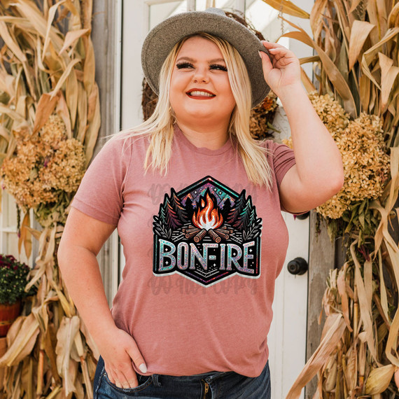 Bonfire Glitz Faux Patch DTF Heat Transfer, a colorful holographic patch with flames, logs, and mountains, featuring the word BONFIRE.